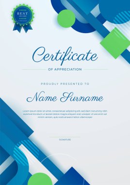 Altın rozetli ve sınırlı modern mavi ve yeşil başarı şablonu sertifikası. Diploma, ödül, iş, üniversite, okul ve şirket için tasarlandı..