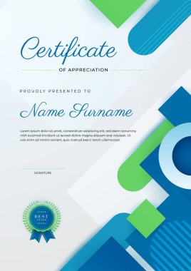 Altın rozetli ve sınırlı modern mavi ve yeşil başarı şablonu sertifikası. Diploma, ödül, iş, üniversite, okul ve şirket için tasarlandı..