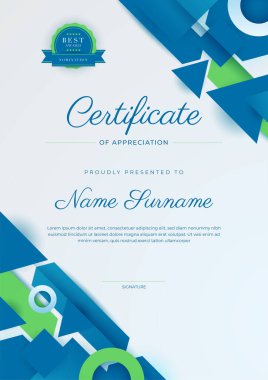 Altın rozetli ve sınırlı modern mavi ve yeşil başarı şablonu sertifikası. Diploma, ödül, iş, üniversite, okul ve şirket için tasarlandı..