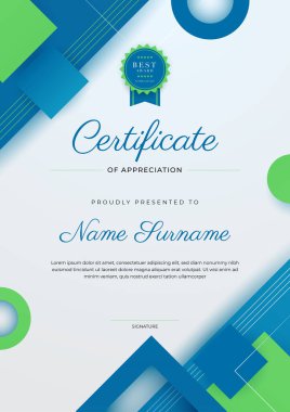 Altın rozetli ve sınırlı modern mavi ve yeşil başarı şablonu sertifikası. Diploma, ödül, iş, üniversite, okul ve şirket için tasarlandı..