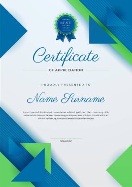 Altın rozetli ve sınırlı modern mavi ve yeşil başarı şablonu sertifikası. Diploma, ödül, iş, üniversite, okul ve şirket için tasarlandı..