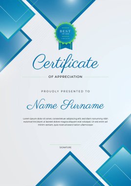 Altın rozetli ve sınırlı modern mavi ve yeşil başarı şablonu sertifikası. Diploma, ödül, iş, üniversite, okul ve şirket için tasarlandı..