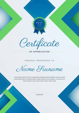 Altın rozetli ve sınırlı modern mavi ve yeşil başarı şablonu sertifikası. Diploma, ödül, iş, üniversite, okul ve şirket için tasarlandı..