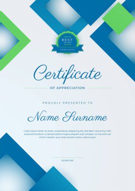 Altın rozetli ve sınırlı modern mavi ve yeşil başarı şablonu sertifikası. Diploma, ödül, iş, üniversite, okul ve şirket için tasarlandı..
