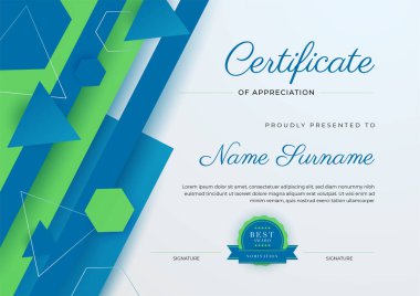 Altın rozetli ve sınırlı modern mavi ve yeşil başarı şablonu sertifikası. Diploma, ödül, iş, üniversite, okul ve şirket için tasarlandı..