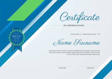 Altın rozetli ve sınırlı modern mavi ve yeşil başarı şablonu sertifikası. Diploma, ödül, iş, üniversite, okul ve şirket için tasarlandı..