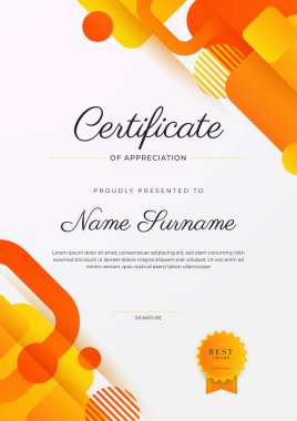 Altın rozetli ve sınırlı modern turuncu sertifikalı başarı şablonu. Diploma, ödül, iş, üniversite, okul ve şirket için tasarlandı..