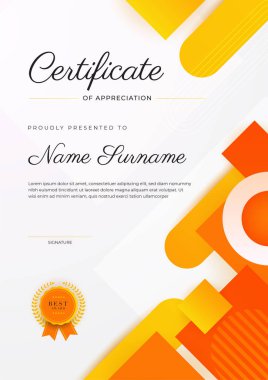 Altın rozetli ve sınırlı modern turuncu sertifikalı başarı şablonu. Diploma, ödül, iş, üniversite, okul ve şirket için tasarlandı..