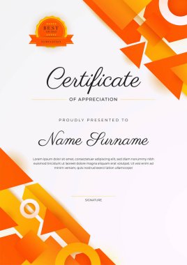 Altın rozetli ve sınırlı modern turuncu sertifikalı başarı şablonu. Diploma, ödül, iş, üniversite, okul ve şirket için tasarlandı..