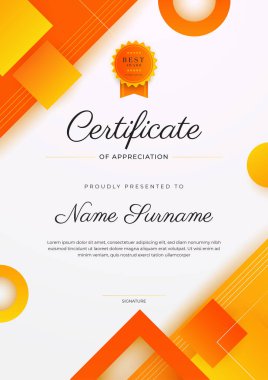 Altın rozetli ve sınırlı modern turuncu sertifikalı başarı şablonu. Diploma, ödül, iş, üniversite, okul ve şirket için tasarlandı..