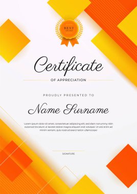Altın rozetli ve sınırlı modern turuncu sertifikalı başarı şablonu. Diploma, ödül, iş, üniversite, okul ve şirket için tasarlandı..