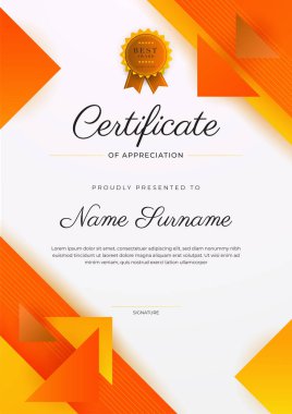 Altın rozetli ve sınırlı modern turuncu sertifikalı başarı şablonu. Diploma, ödül, iş, üniversite, okul ve şirket için tasarlandı..