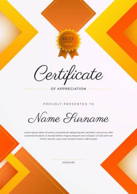 Altın rozetli ve sınırlı modern turuncu sertifikalı başarı şablonu. Diploma, ödül, iş, üniversite, okul ve şirket için tasarlandı..