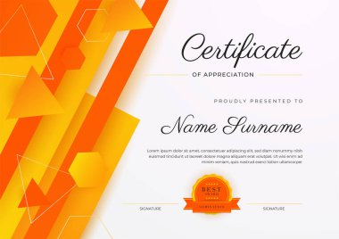 Altın rozetli ve sınırlı modern turuncu sertifikalı başarı şablonu. Diploma, ödül, iş, üniversite, okul ve şirket için tasarlandı..