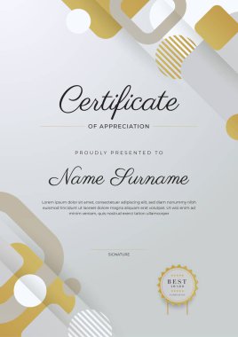 Altın rozetli ve sınırlı, modern, zarif, gümüş bej sertifikalı başarı şablonu. Diploma, ödül, iş, üniversite, okul ve şirket için tasarlandı..