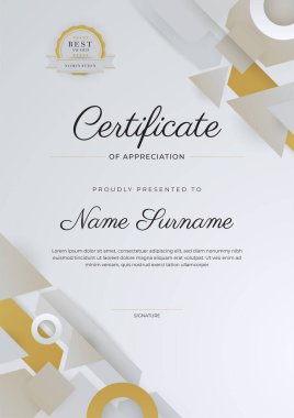 Altın rozetli ve sınırlı, modern, zarif, gümüş bej sertifikalı başarı şablonu. Diploma, ödül, iş, üniversite, okul ve şirket için tasarlandı..