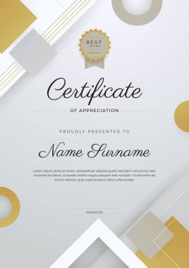 Altın rozetli ve sınırlı, modern, zarif, gümüş bej sertifikalı başarı şablonu. Diploma, ödül, iş, üniversite, okul ve şirket için tasarlandı..
