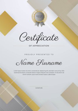 Altın rozetli ve sınırlı, modern, zarif, gümüş bej sertifikalı başarı şablonu. Diploma, ödül, iş, üniversite, okul ve şirket için tasarlandı..
