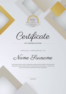 Altın rozetli ve sınırlı, modern, zarif, gümüş bej sertifikalı başarı şablonu. Diploma, ödül, iş, üniversite, okul ve şirket için tasarlandı..