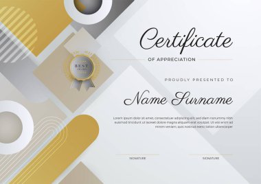 Altın rozetli ve sınırlı, modern, zarif, gümüş bej sertifikalı başarı şablonu. Diploma, ödül, iş, üniversite, okul ve şirket için tasarlandı..