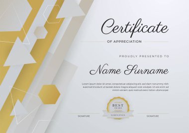 Altın rozetli ve sınırlı, modern, zarif, gümüş bej sertifikalı başarı şablonu. Diploma, ödül, iş, üniversite, okul ve şirket için tasarlandı..