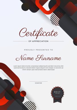 Altın rozetli ve sınırlı modern siyah-kırmızı başarı şablonu. Diploma, ödül, iş, üniversite, okul ve şirket için tasarlandı..