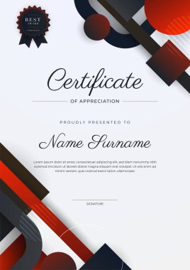 Altın rozetli ve sınırlı modern siyah-kırmızı başarı şablonu. Diploma, ödül, iş, üniversite, okul ve şirket için tasarlandı..