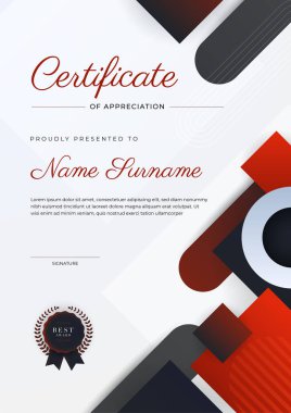 Altın rozetli ve sınırlı modern siyah-kırmızı başarı şablonu. Diploma, ödül, iş, üniversite, okul ve şirket için tasarlandı..