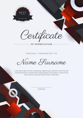 Altın rozetli ve sınırlı modern siyah-kırmızı başarı şablonu. Diploma, ödül, iş, üniversite, okul ve şirket için tasarlandı..