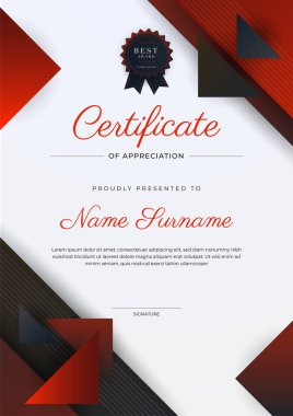 Altın rozetli ve sınırlı modern siyah-kırmızı başarı şablonu. Diploma, ödül, iş, üniversite, okul ve şirket için tasarlandı..