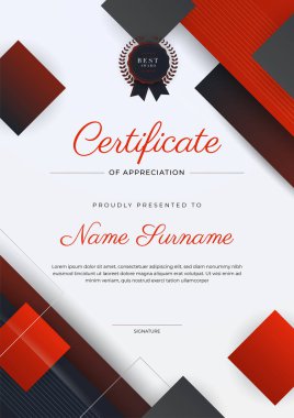 Altın rozetli ve sınırlı modern siyah-kırmızı başarı şablonu. Diploma, ödül, iş, üniversite, okul ve şirket için tasarlandı..