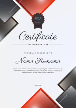 Altın rozetli ve sınırlı modern siyah-kırmızı başarı şablonu. Diploma, ödül, iş, üniversite, okul ve şirket için tasarlandı..