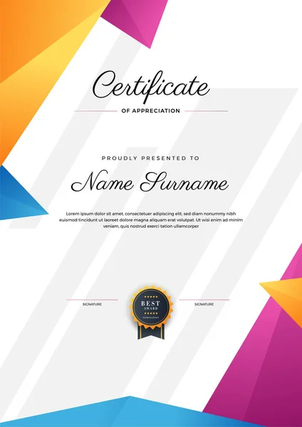 Plantilla Diseño Certificado Abstracto Colorido Geométrico Moderno — Vector de stock