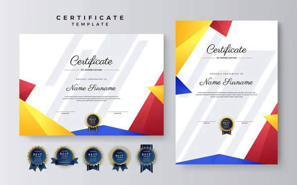 Diseño Plantilla Certificado Agradecimiento Logro Con Azul Rojo Amarillo — Archivo Imágenes Vectoriales