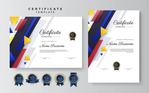 Diseño Plantilla Certificado Agradecimiento Logro Con Azul Rojo Amarillo — Archivo Imágenes Vectoriales
