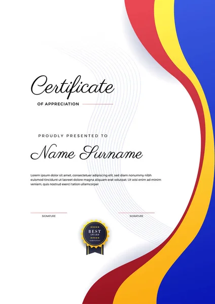 Plantilla Certificado Logro Rojo Amarillo Azul Moderno Con Insignia Oro — Archivo Imágenes Vectoriales