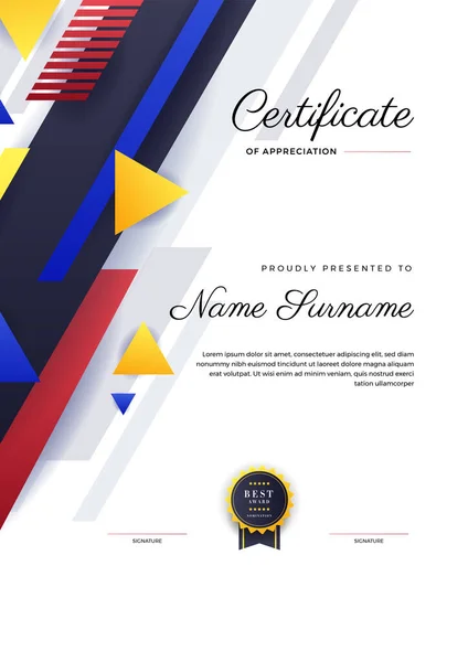 Modèle Moderne Certificat Réussite Bleu Jaune Rouge Avec Badge Doré — Image vectorielle