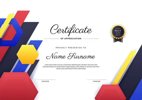 Modèle Moderne Certificat Réussite Bleu Jaune Rouge Avec Badge Doré — Image vectorielle