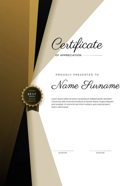 Moderno Certificado Marrón Negro Elegante Plantilla Logro Con Insignia Oro — Vector de stock