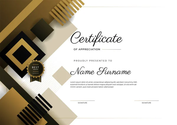 Moderno Certificado Marrón Negro Elegante Plantilla Logro Con Insignia Oro — Vector de stock