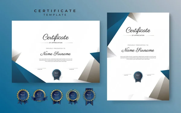现代典雅的蓝黑色成绩证书模板 带有金章和边框 设计为文凭 学校和企业 — 图库矢量图片