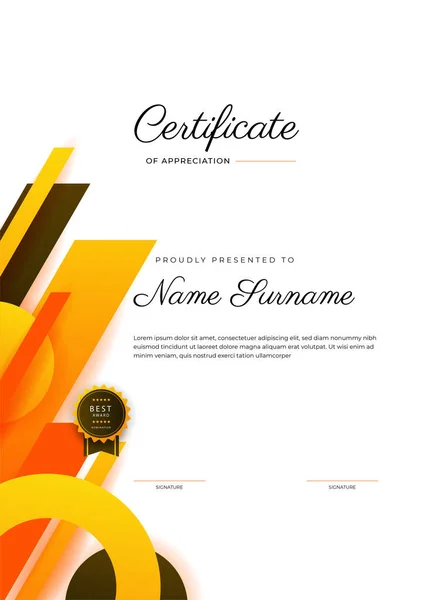 Modern Elegant Orange Certificate Achievement Template Gold Badge Border Designed — Stock Vector