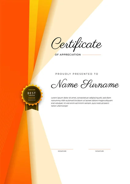 Modern Elegáns Narancssárga Tanúsítvány Teljesítmény Sablont Arany Jelvénnyel Határral Diplomához — Stock Vector