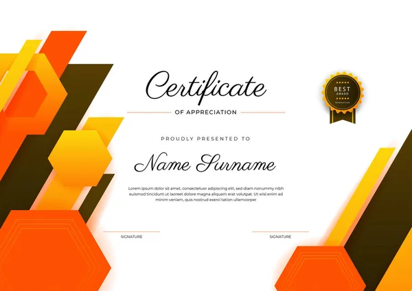 Moderno Elegante Modello Certificato Conseguimento Arancione Con Distintivo Oro Bordo — Vettoriale Stock