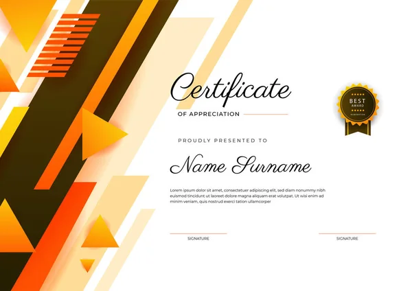 Moderní Elegantní Oranžový Certifikát Dosažení Šablony Zlatým Odznakem Okrajem Navrženo — Stockový vektor