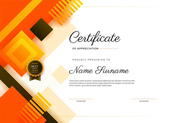 Moderno Certificado Naranja Elegante Plantilla Logro Con Insignia Oro Borde — Vector de stock