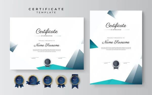 现代典雅的蓝色成绩证书模板 带有金章和边框 设计为文凭 学校和企业 — 图库矢量图片