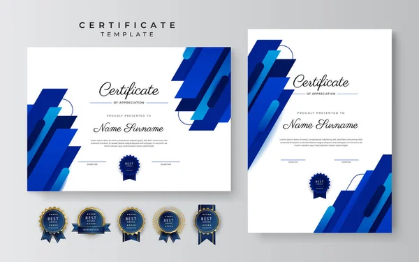 Сучасний Елегантний Синій Сертифікат Шаблону Досягнень Золотим Значком Рамкою Розроблений — стоковий вектор