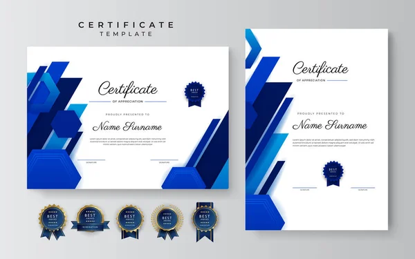 Nowoczesny Elegancki Niebieski Certyfikat Osiągnięcia Szablon Złotą Odznaką Granicą Zaprojektowany — Wektor stockowy