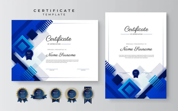 Moderno Elegante Modello Certificato Blu Realizzazione Con Distintivo Oro Bordo — Vettoriale Stock